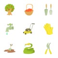 Garden maintenance icons set, cartoon style