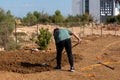 In the garden the man who rakes