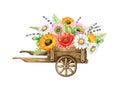 Garden and meadow flowers decoration. Watercolor illustration. Hand drawn floral decor in the vintage wheel cart