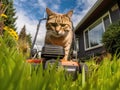 Garden Meadow Lawn Cutting, a Worker Mows Grass, Plant Cut, Garden Care, Generative AI Illustration