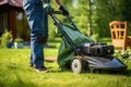 Garden Meadow Lawn Cutting, a Worker Mows Grass, Plant Cut, Garden Care, Generative AI Illustration