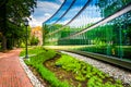 Garden and modern building at John Hopkins University in Baltimore, Maryland.