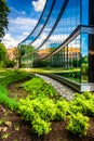 Garden and modern building at John Hopkins University in Baltimore, Maryland.