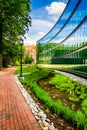 Garden and modern building at John Hopkins University in Baltimore, Maryland.