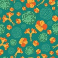 Garden Nasturtium-Flowers in Bloom seamless repeat pattern Background in yellow,orange and green