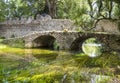 Garden of Ninfa in Italy with the bridge in cobblestones, river and trees.