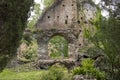 Garden of Ninfa in Italy with the vegetation and ruins of the medieval city of Ninfa.