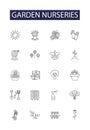 Garden nurseries line vector icons and signs. Garden, Plants, Trees, Shrubs, Flowers, Herbs, Succulents, Bushes outline