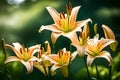In the garden, pale orange lilies bloom in June. True lilies are members of the herbaceous flowering plant