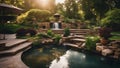 garden in the park Fantasy backyard landscaping with a patio, a waterfall, a pond, a garden, trees, plants, a trellis Royalty Free Stock Photo