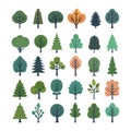 Garden or park landscaping elements. Tree icons set in a modern flat style. A large set of various trees Royalty Free Stock Photo