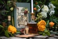 garden party invitation with a whisky bottle and rustic elements