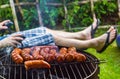 Garden party roasted sausages grill Royalty Free Stock Photo