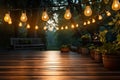 Garden path beckons from wooden porch adorned with hanging lights