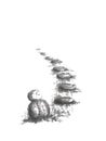 Garden path with Buddhist statue Japanese style sumi-e ink painting.