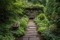 garden path, leading to a serene garden retreat, with water feature and stone bench