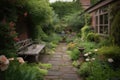 garden path, leading to a serene garden retreat, with water feature and stone bench