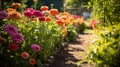 A garden path lined with colorful zinnias