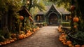 A garden path lined with pumpkins . Royalty Free Stock Photo