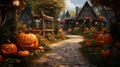 A garden path lined with pumpkins . Royalty Free Stock Photo