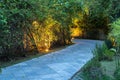 Garden path in resort with warm light and trees on side at evening, Garden Decoration Royalty Free Stock Photo