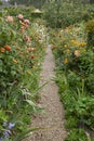 Garden pathway cottage flowers in oranges, Monet garden France