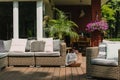 patio decorated with Scandinavian wicker sofa and coffee table
