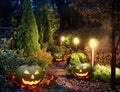 Garden patio with Jack-o-Lanterns Royalty Free Stock Photo