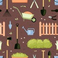 garden pattern. home outdoor grass care farm equipment shovel scissors. Vector seamless background for textile design