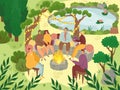 Garden picnic, people sitting on rocks in garden party outside, backyard celebration flat vector illustration.