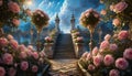 A garden with pink roses and a stone staircase AI Royalty Free Stock Photo