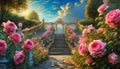 A garden with pink roses and a stone staircase AI Royalty Free Stock Photo