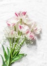 Garden pink white tulips on a light background, top view Royalty Free Stock Photo