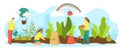 Garden with plant, vector illustration. Tiny flat people character work with green agriculture natural, gardener sow in