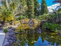 Garden pond decorated with a small sculpture in the day light