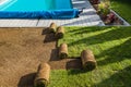 Garden Poolside Natural Grass Turfs Reinstallation During Spring Time Royalty Free Stock Photo