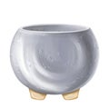 Garden pot of gray concrete on wooden legs in watercolor style. Tools for garden, home decor, flower vase, designer tableware.