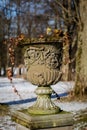 A garden pot standing in a park. Perennials and plants in a pot. Royalty Free Stock Photo