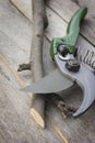 Garden pruner with plastic handles on a wooden table. Graftage