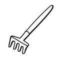 Garden rake isolated on white background. Rake for the garden. Tools for earthworks and plant transplants. Doodle style
