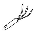 Garden rake isolated on white background. Rake for the garden. Tools for earthworks and plant transplants. Doodle style