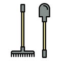 Garden rake shovel icon color outline vector