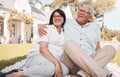 Garden, retirement and portrait of senior couple at home excited for moving to house, property and rental. Love, real