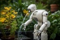 A garden robot watering plants