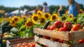 Garden with room for text, people gather tomatoes, peppers, cucumbers, wooden boxes of produce, sunflowers backdrop, joyful noise Royalty Free Stock Photo