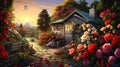 Garden roses in front of a stunning fairy landscape at sunset