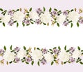Garden roses and lilac flowers in border arrangements