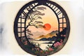 Garden through a round window at sunset Japan Royalty Free Stock Photo