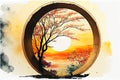 Garden through a round window at sunset Royalty Free Stock Photo