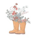 Garden rubber boots full of flowers over white, Vector